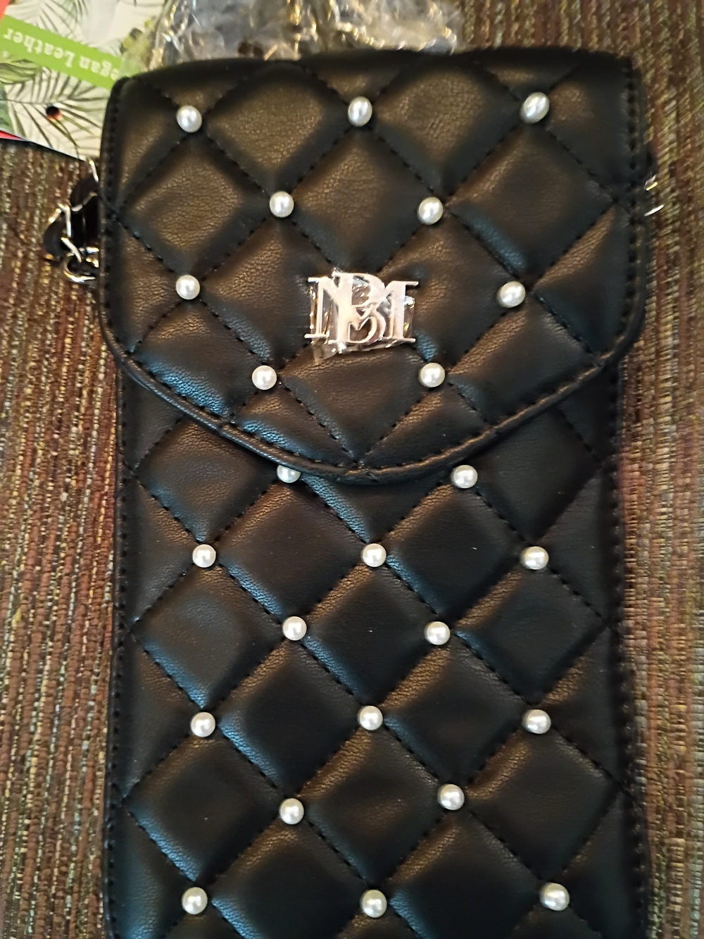 BADGLEY MISCHKA Black Phone Case Wallet W/ Strap Pearls Vegan Leather New